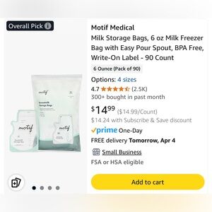 NWT Motif Medical, Milk Storage Bags, 6 oz,  4 packs bundle